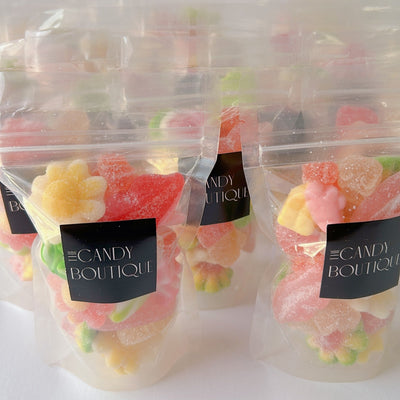 assorted flower themed gummies in a candy bag