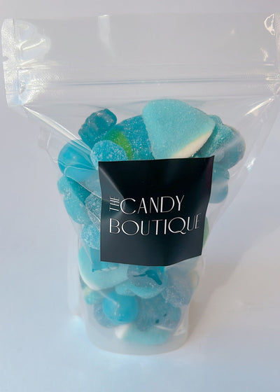 Candy bags containing blue gummy candy in assorted flavours