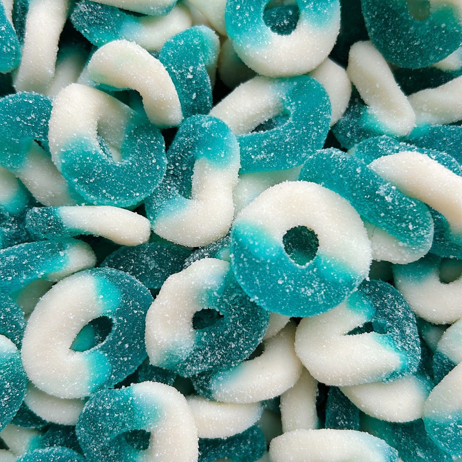 Blue and White gummy candy shaped in rings