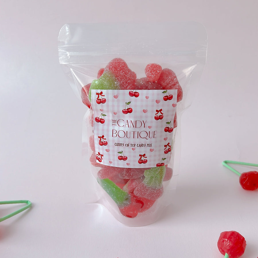 candy bag with cherry-themed candy