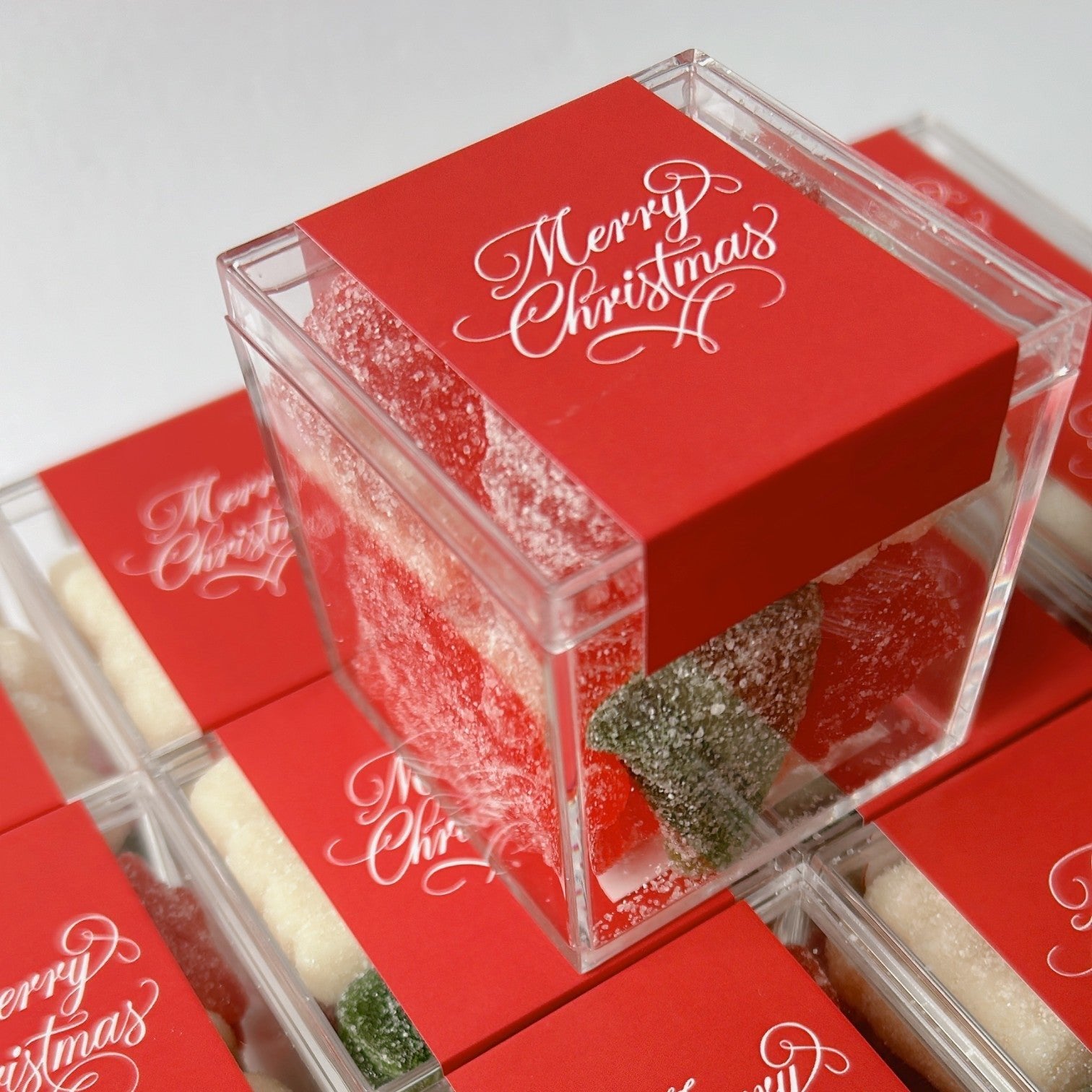 Christmas candy boxes filled with Christmas themed candy