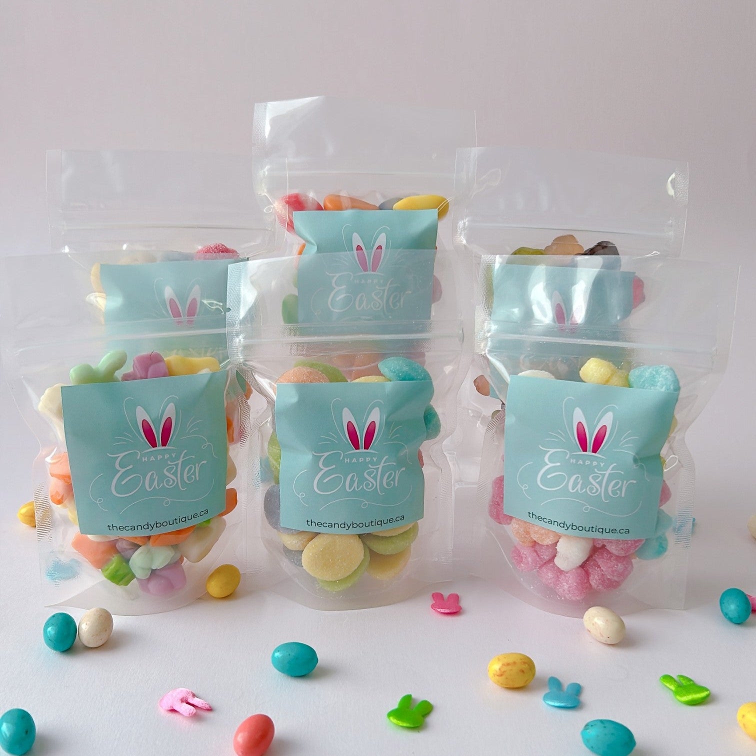 Easter candy bags with easter-themed gummies