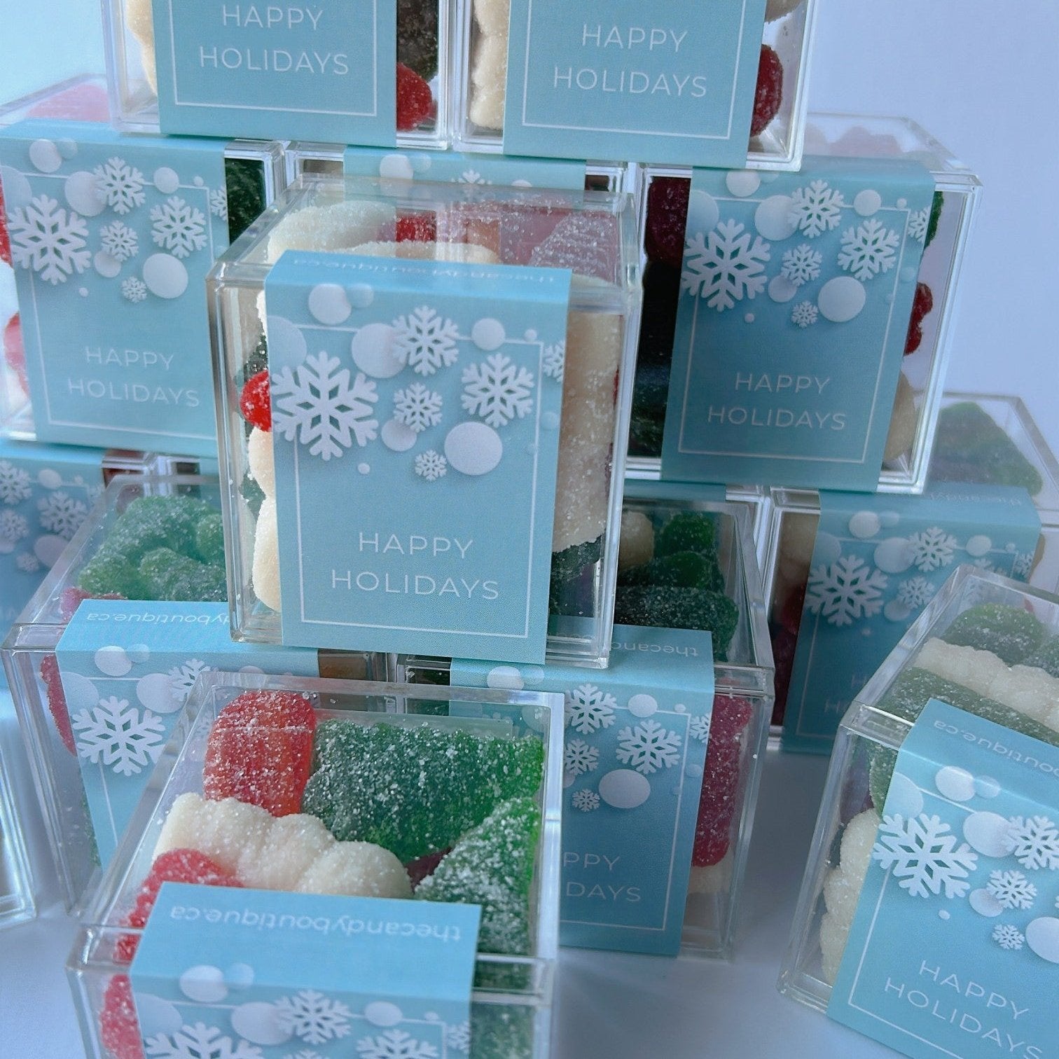 Holiday candy boxes filled with Christmas themed candy