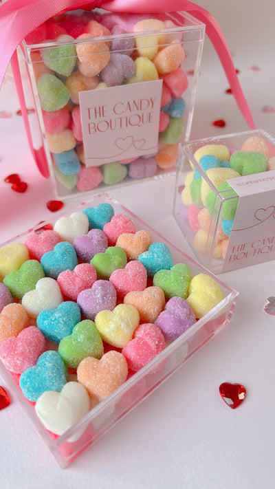 image of heart shaped gummy candy board, and candy box