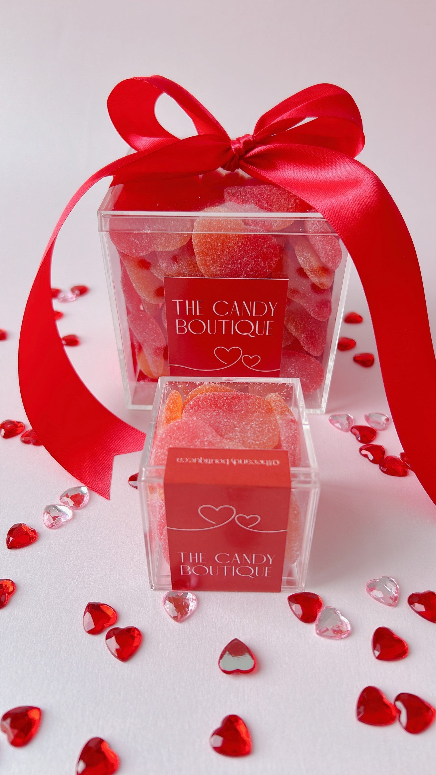 peach hearts candy filled acrylic boxes
