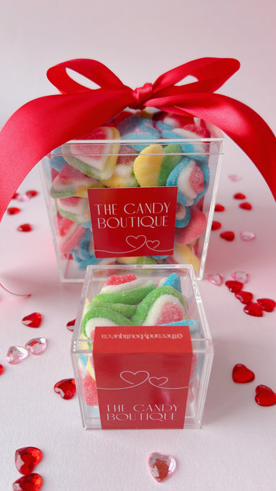 assorted hearts candy filled acrylic boxes