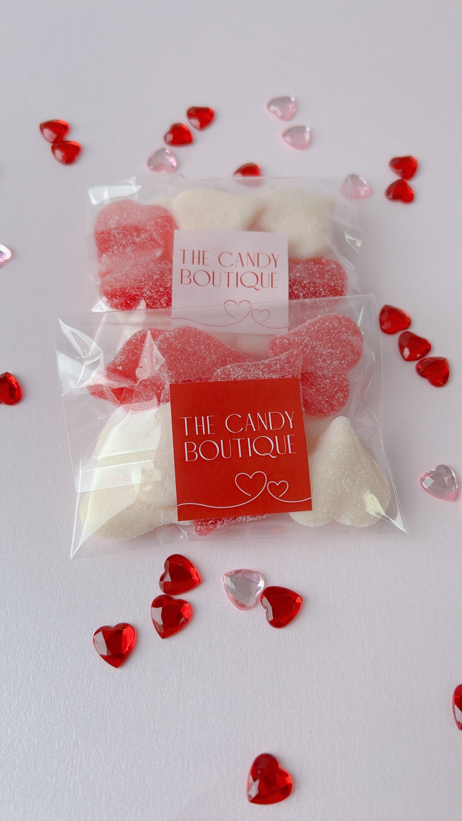 red and white sugared hearts