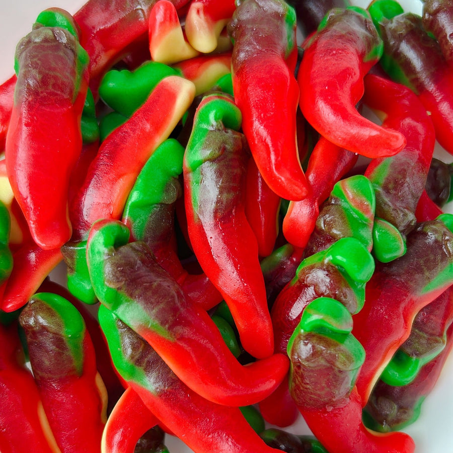 Gummy candy shaped in jalapeno peppers