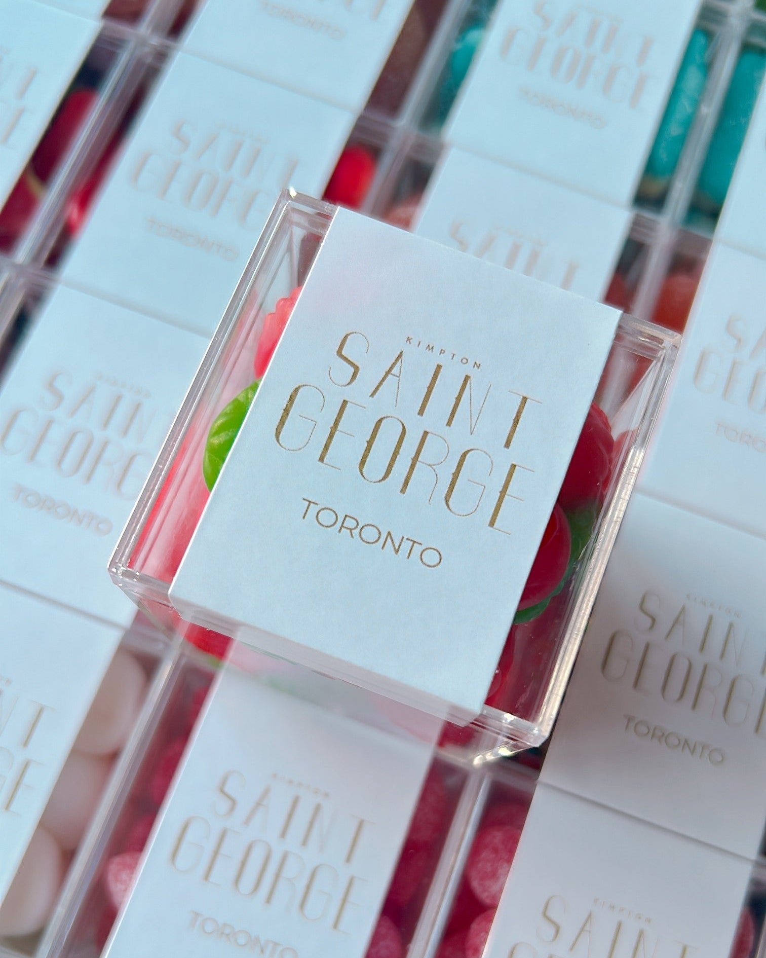 Close up of custom candy cubes for corporate order