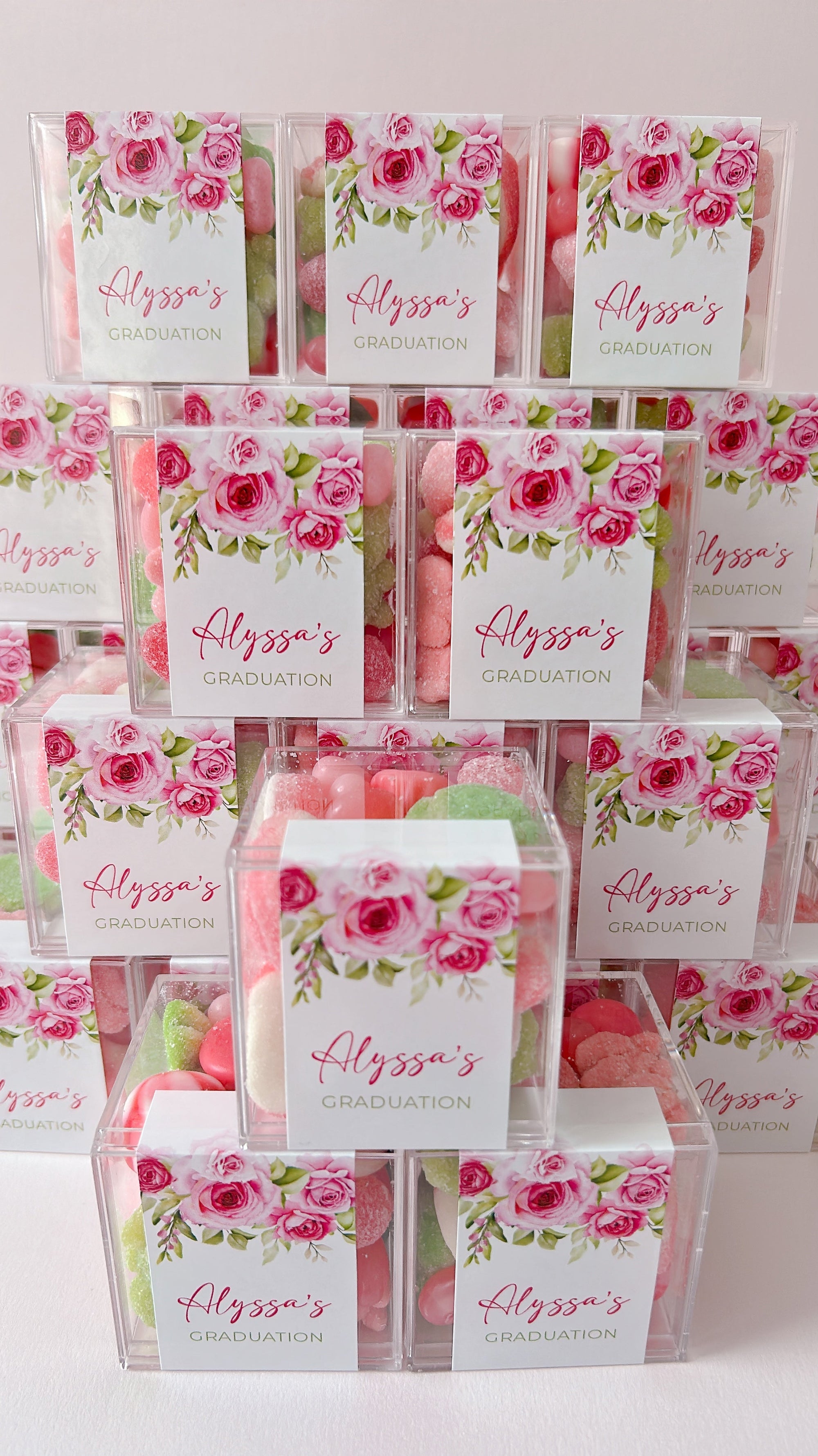 Personalized candy boxes filled with candy for a graduate