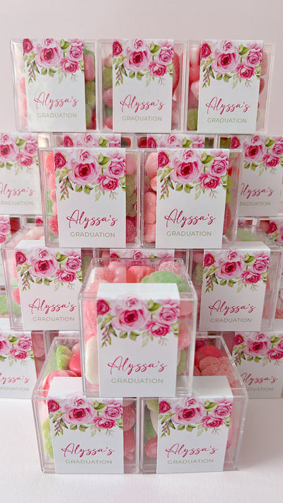 Personalized candy boxes filled with candy for a graduate