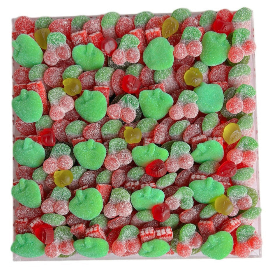 Shana Tova Candy tray with a variety of red and green gummies and gummy apples
