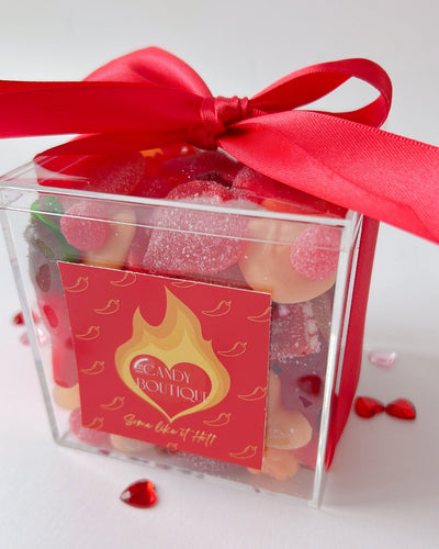 Valentines themed candy box full of sweet and spicy gummies