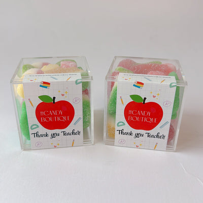 Candy Boxes in a small size with Thank you Teacher label filled with gummy candy