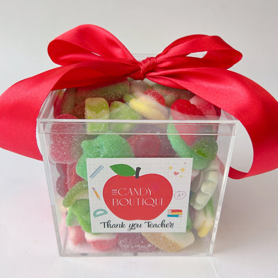 Candy box with a red bow, featuring a 'Thank you Teacher' on the front filled with gummy candy
