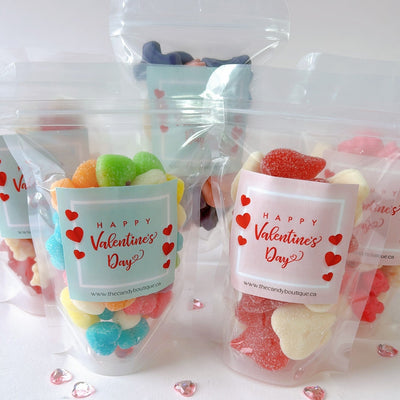 Valentines themed gummy candy in clear candy bags